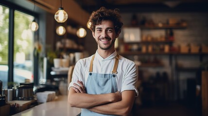 portrait of a cafe worker of a handsome Caucasian guy barista smiling at the camera while standing at the counter. Happy young man in an apron with a glass of coffee. waiter working. background AI. - obrazy, fototapety, plakaty