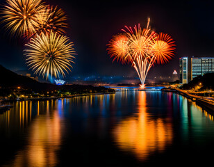 Landscape and colorful fireworks. Christmas eve, new year, holiday concept.
