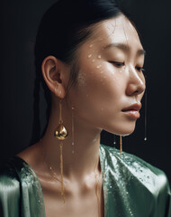 portret pięknej azjatyckiej kobiety złote kolczyki krople na twarzy naturalny makijaż - portrait of beautiful asian woman gold earrings drops on face natural make-up - AI Generated