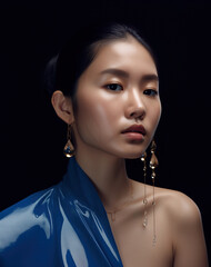 młoda azjatycka dziewczyna z kryształowymi kolczykami w wieczorowej sukni portret modelka - young asian girl with crystal earrings in evening dress portrait model - AI Generated - obrazy, fototapety, plakaty