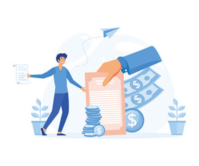 Loan approval. Satisfied businessman hold good financial notice. flat vector modern illustration