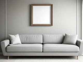 Interior of modern living room with gray sofa and empty picture frame.