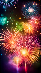 Fototapeta premium Abstract colorful bokeh background and fireworks. Christmas eve, new year, holiday concept.
