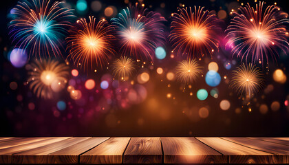 Colorful fireworks with bokeh background and brown wood texture. Christmas eve, new year, holiday concept. space for text.
