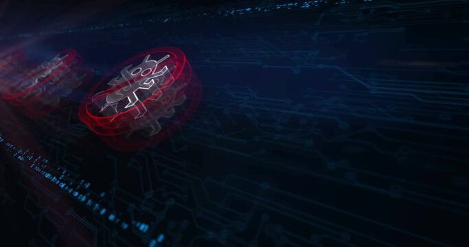 Antivirus cyber security virus detect system alert hologram symbol appears on a electronic circuit background. Network, cyber technology and computer abstract concept 3d seamless and loop animation.