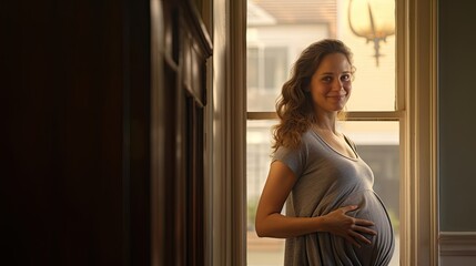A pregnant woman stood smiling in the corner of the window with light streaming through the window.