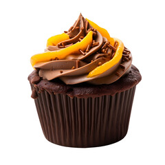 front view close up of chocolate orange cupcake isolated on a transparent white background