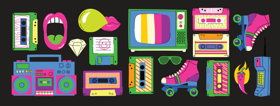 90's Big sticker set. Retro pc elements, user interface, camera, childhood, tape, game 90 icons in trendy y2k retro style. Nostalgia for 1990s -2000s vector illustrations