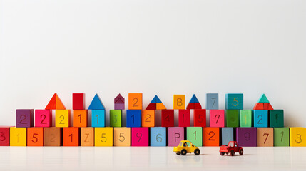 Colorful plastic bricks for kid, toddler, education and learning, toy shop, flat lay, copy space on white background - obrazy, fototapety, plakaty