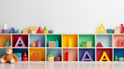 Colorful plastic bricks Alphabet for kid, toddler, education and learning, toy shop, flat lay, copy space on white background - obrazy, fototapety, plakaty