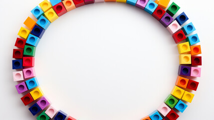 Colorful plastic bricks for kid, toddler, education and learning, toy shop, flat lay, copy space on white background