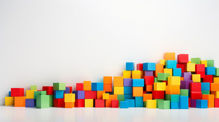 Colorful plastic bricks for kid, toddler, education and learning, toy shop, flat lay, copy space on white background - obrazy, fototapety, plakaty