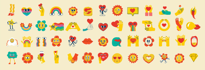 Trendy groovy Valentines day sticker set. Retro cartoon style valentines day. 70s 60s aesthetics isolated elements. Vintage vector illustrations.