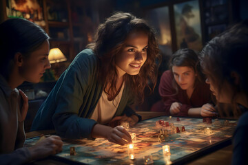 Group of young friends playing board games at night in the living room