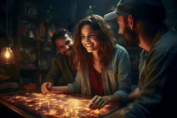 Group of young friends playing board games at night in the living room