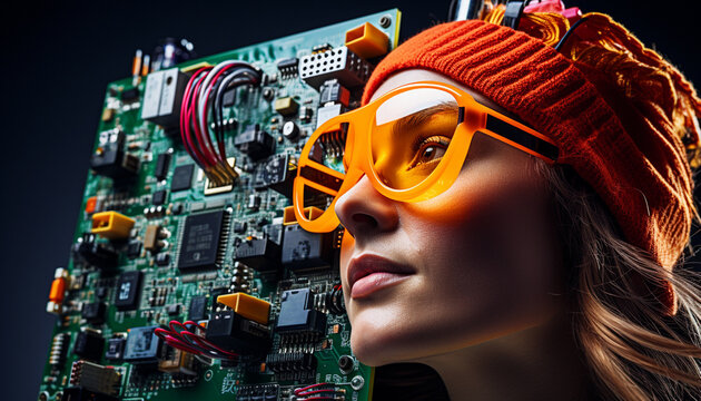 Portrait Girl computer geek. Concept artificial intelligence high tech neural network. Woman's head with motherboard, internet cables and fiber optic equipment.