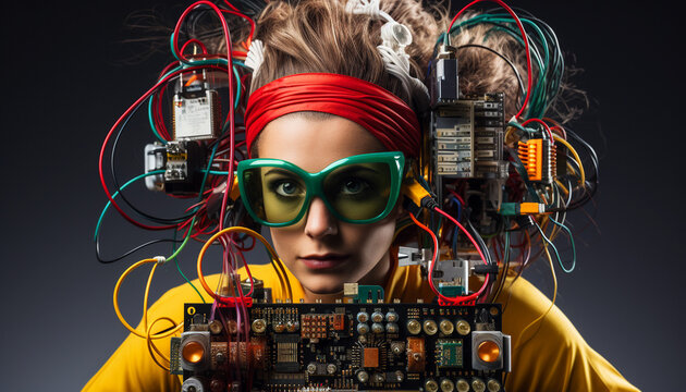 Portrait Girl computer geek. Concept artificial intelligence high tech neural network. Woman's head with motherboard, internet cables and fiber optic equipment.