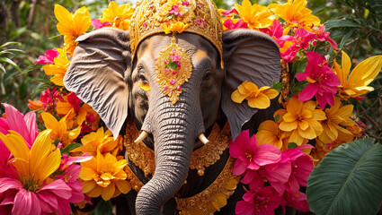 Cute multi-colored elephant in the form of the god Ganesha - obrazy, fototapety, plakaty