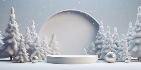Winter Christmas background with fir tree and stand, podium, pedestal for product presentation