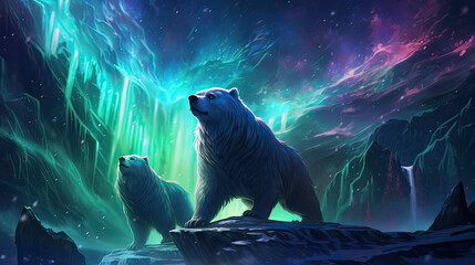 Bear guardians of a magical forest; their roars summoning auroras and rainbows.  AI generative - obrazy, fototapety, plakaty