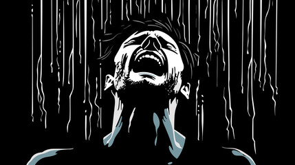 Abstract portrait of a young man suffering from depression and loneliness in vector line art style.