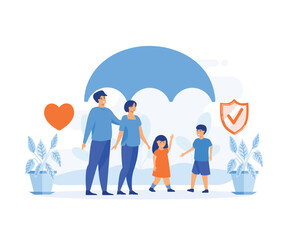 Health and life insurance concept, Family standing under insurance umbrella together. flat vector modern illustration