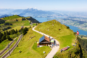 View from Rigi mountain on Swiss Alps, Lake Lucerne and Pilatus mountains in Switzerland