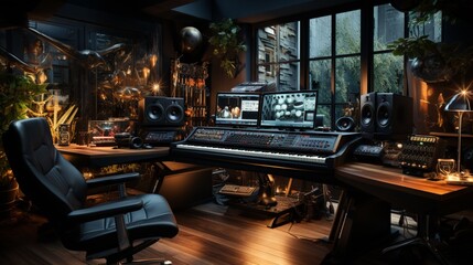Music studio control room and singer booth.