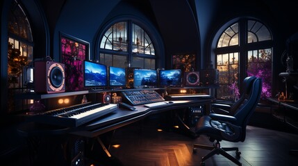 Music studio control room and singer booth. - obrazy, fototapety, plakaty