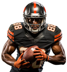 A black American football player in a black helmet with an orange stripe and a uniform holds the ball with two hands. Isolated on a transparent background - obrazy, fototapety, plakaty