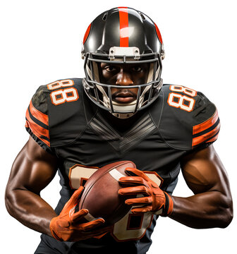 A black American football player in a black helmet with an orange stripe and a uniform holds the ball with two hands. Isolated on a transparent background