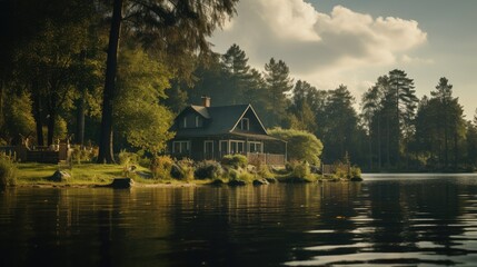 Fototapeta premium House by the lake, AI generated Image