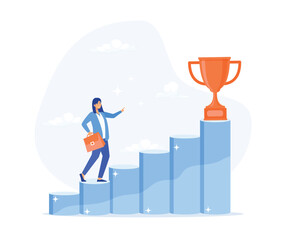 Inspiration for success, Businesswoman climbing ladder to golden trophy, flat vector modern illustration