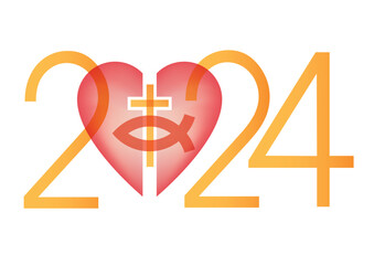Jesus fish symbol inside a heart symbol, new year 2024.
Christianity fish symbol with cross. Yellow inscription 2024. Isolated on white background. Vector available.