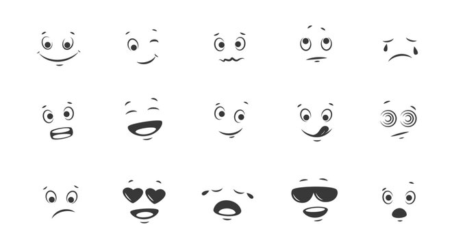 Naklejki Cartoon faces with different expressions. Happy, smiling, sad, surprised, in love face. Emoji with different emotion mood. Showing eyes and mouth. Black and white vector illustration.  