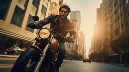 Man riding a classic motorbike, AI generated Image