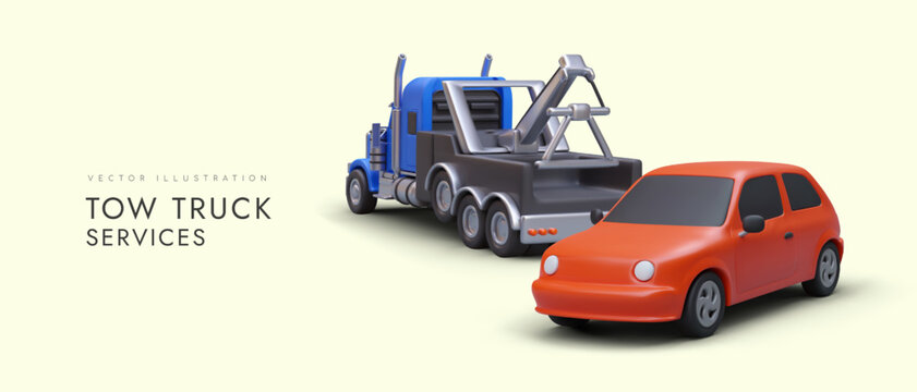 Tow truck services. Horizontal advertising mockup with realistic illustration. Blue tow truck and red car. Transportation of broken, seized auto. Vector concept