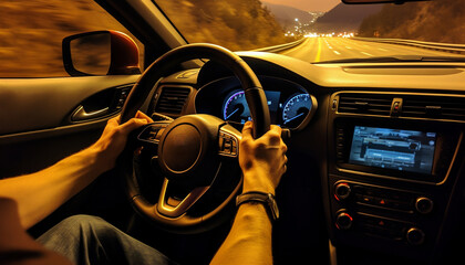 Man's hands tightly grip the steering wheel while traveling along a highway at dusk. Picture inside the car