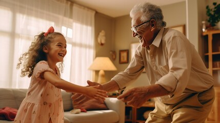 Adorable child girl and positive grandpa holding hands while dancing together in living room- generative AI, fiction Person