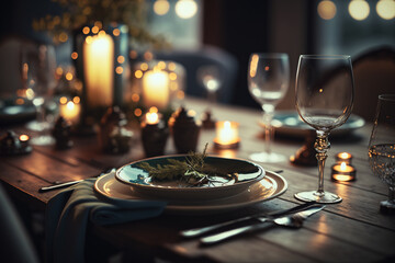 Fototapeta premium Elegant table setting with candles in restaurant. Selective focus. Romantic dinner setting with candles on table in restaurant. 