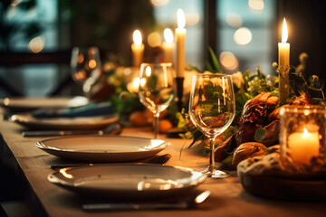 Elegant table setting with candles in restaurant. Selective focus. Romantic dinner setting with candles on table in restaurant.
