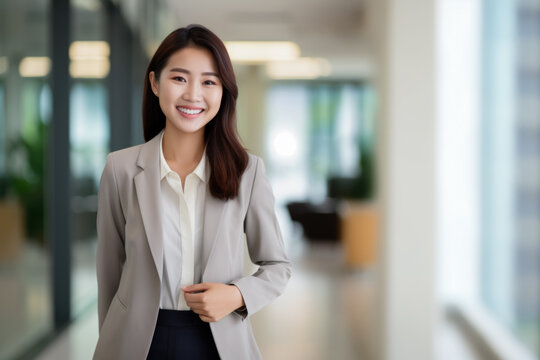 A photo portrait of a corporate woman smiling in her workspace
