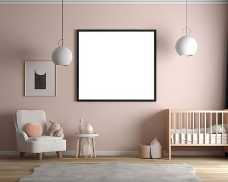 Poster frame mock up in children's bedroom, Scandinavian Design,  unisex nursery design