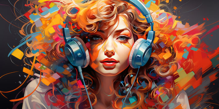 Dj girl. Watercolor illustration of young female listen to music headphones, artwork. 