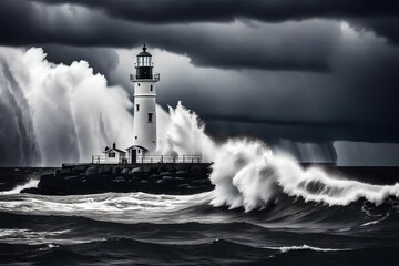 A black and white illustration of a lighthouse standing in the middle of the ocean during a dangerous storm with large waves and and dark clouds.   - obrazy, fototapety, plakaty