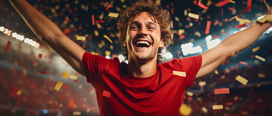 Winner! Portrait of a happy male soccer sport player in red jersey celebrating winning with gold confetti falling. Excited sports fans wearing red clothes celebrating the victory. Generative ai - obrazy, fototapety, plakaty