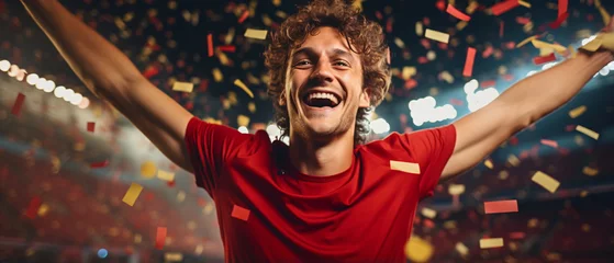 Foto op Plexiglas Winner! Portrait of a happy male soccer sport player in red jersey celebrating winning with gold confetti falling. Excited sports fans wearing red clothes celebrating the victory. Generative ai © Mickael