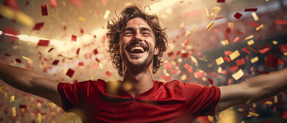 Winner! Portrait of a happy male soccer sport player in red jersey celebrating winning with gold confetti falling. Excited sports fans wearing red clothes celebrating the victory. Generative ai