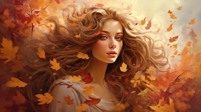 Lady fall. Autumn personification. Girl surrounded by fallen leaves