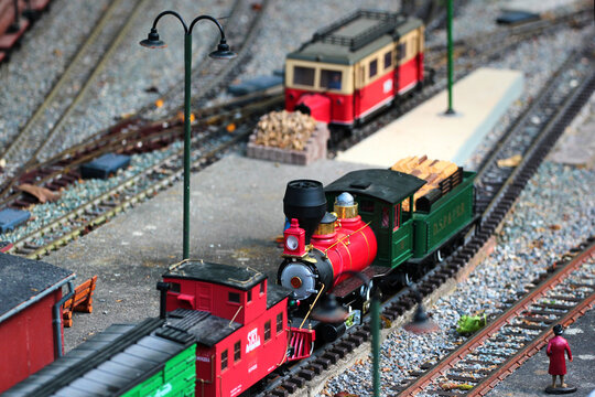Werdau, Germany - June 10, 2023: Garden model railway in the City and Steam Engine Museum in Werdau, Saxony. Railroad modelling is a popular hobby in Germany.